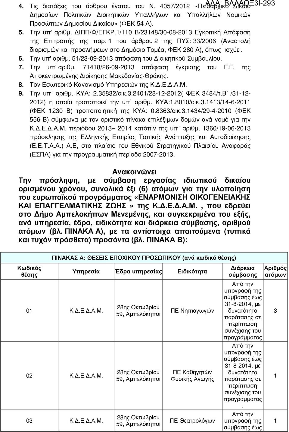51/23-09-2013 απόφαση του ιοικητικού Συµβουλίου. 7. Την υπ' αριθµ. 71418/26-09-2013 απόφαση έγκρισης του Γ.Γ. της Αποκεντρωµένης ιοίκησης Μακεδονίας-Θράκης. 8. Τον Εσωτερικό Κανονισµό Υπηρεσιών της Κ.
