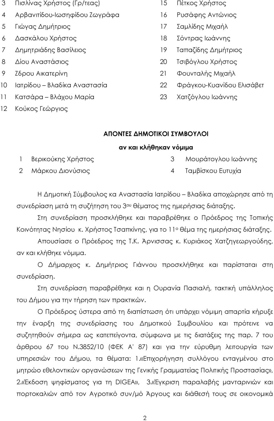 12 Κούκος Γεώργιος ΑΠΟΝΤΕΣ ΗΜΟΤΙΚΟΙ ΣΥΜΒΟΥΛΟΙ αν και κλήθηκαν νόµιµα 1 Βερικούκης Χρήστος 3 Μουράτογλου Ιωάννης 2 Μάρκου ιονύσιος 4 Ταµβίσκου Ευτυχία Η ηµοτική Σύµβουλος κα Αναστασία Ιατρίδου Βλαδίκα