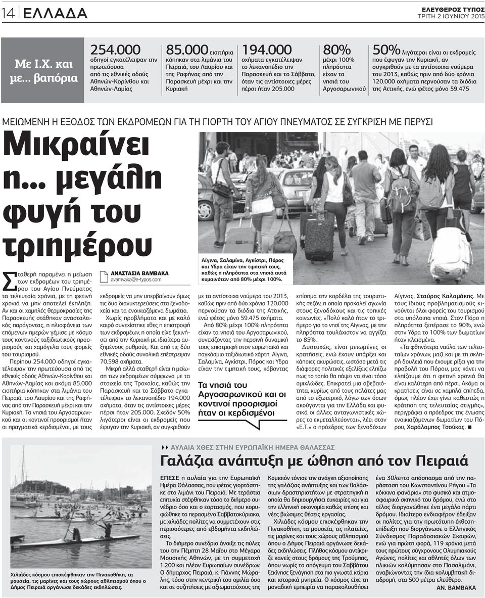 000 οχήµατα εγκατέλειψαν το λεκανοπέδιο την Παρασκευή και το Σάββατο, όταν τις αντίστοιχες µέρες πέρσι ήταν 205.