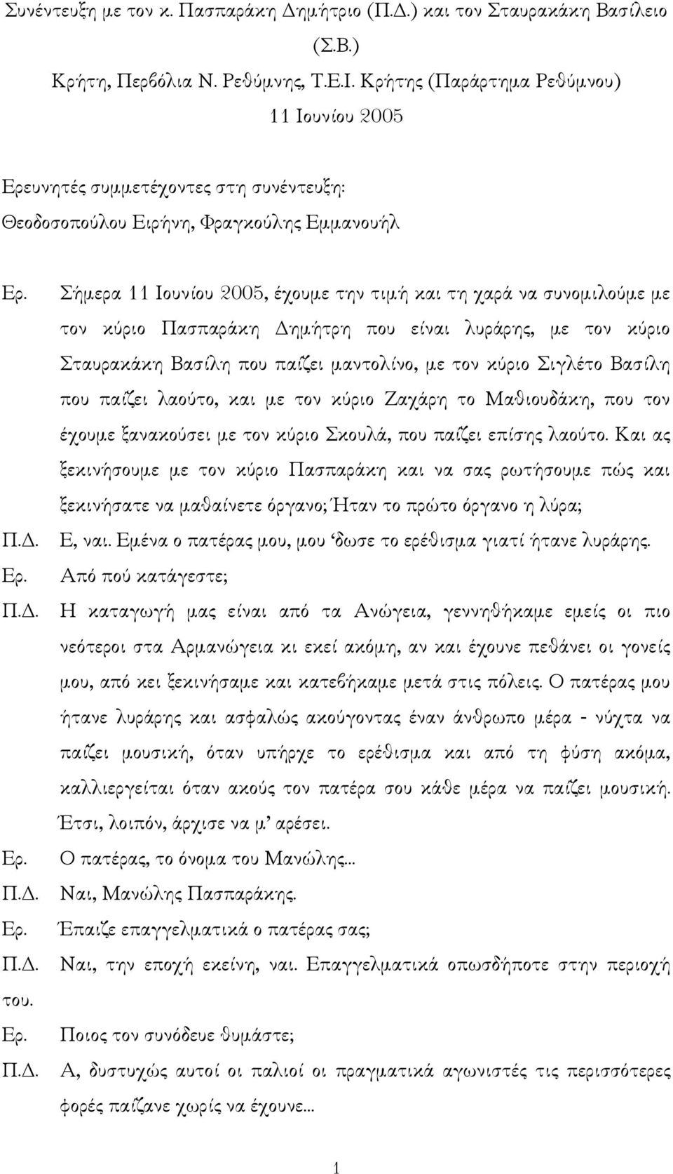 τον κύριο Πασπαράκη ηµήτρη που είναι λυράρης, µε τον κύριο Σταυρακάκη Βασίλη που παίζει µαντολίνο, µε τον κύριο Σιγλέτο Βασίλη που παίζει λαούτο, και µε τον κύριο Ζαχάρη το Μαθιουδάκη, που τον έχουµε