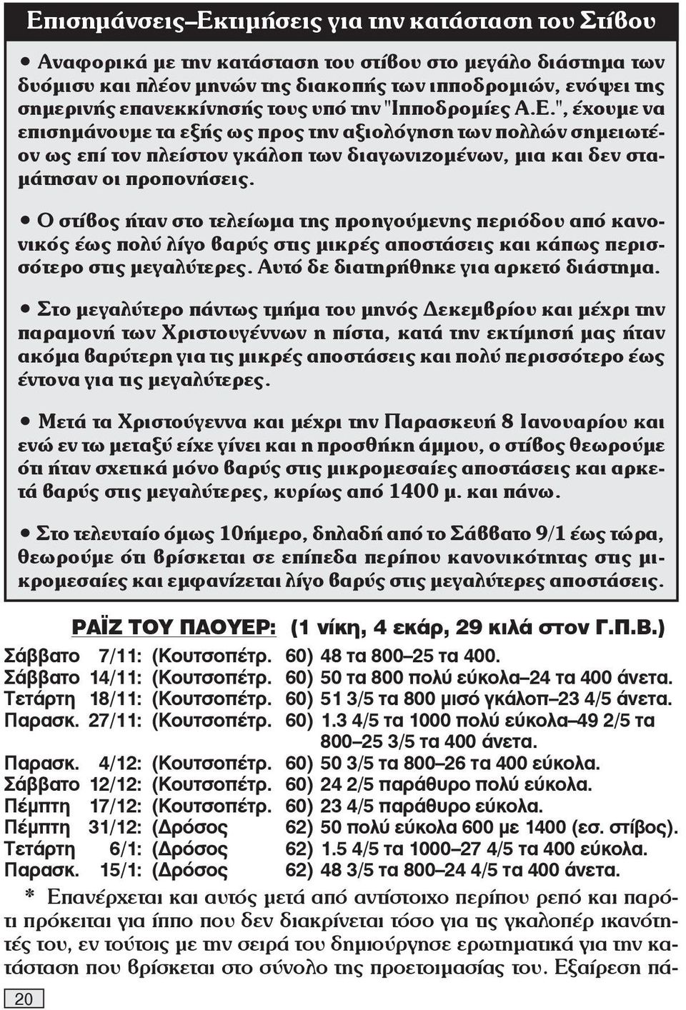 ", έχουμε να επισημάνουμε τα εξής ως προς την αξιολόγηση των πολλών σημειωτέον ως επί τον πλείστον γκάλοπ των διαγωνιζομένων, μια και δεν σταμάτησαν οι προπονήσεις.
