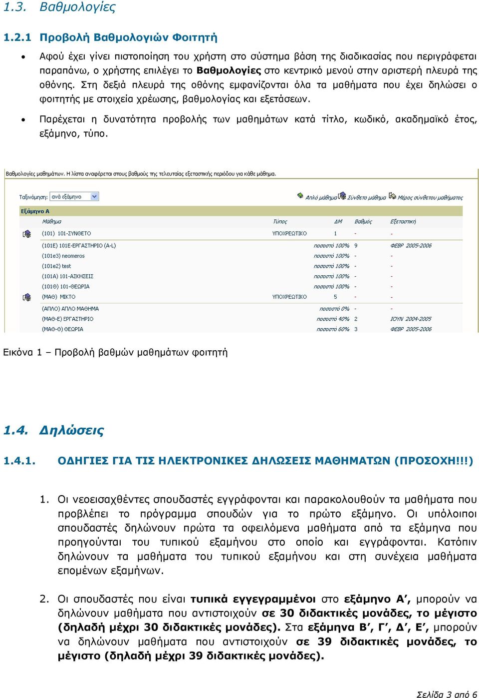 πλευρά της οθόνης. Στη δεξιά πλευρά της οθόνης εμφανίζονται όλα τα μαθήματα που έχει δηλώσει ο φοιτητής με στοιχεία χρέωσης, βαθμολογίας και εξετάσεων.