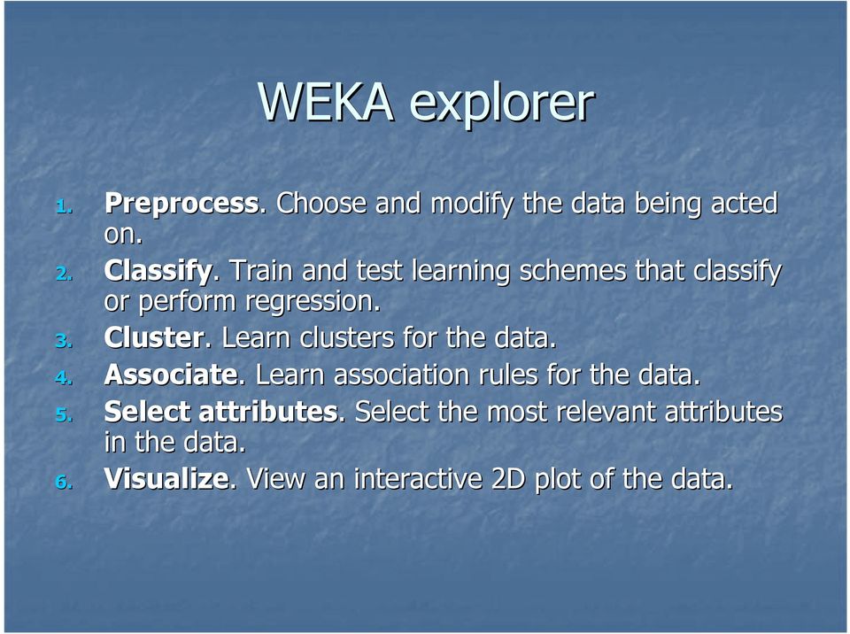 . Learn clusters for the data. 4. Associate.. Learn association rules for the data. 5.