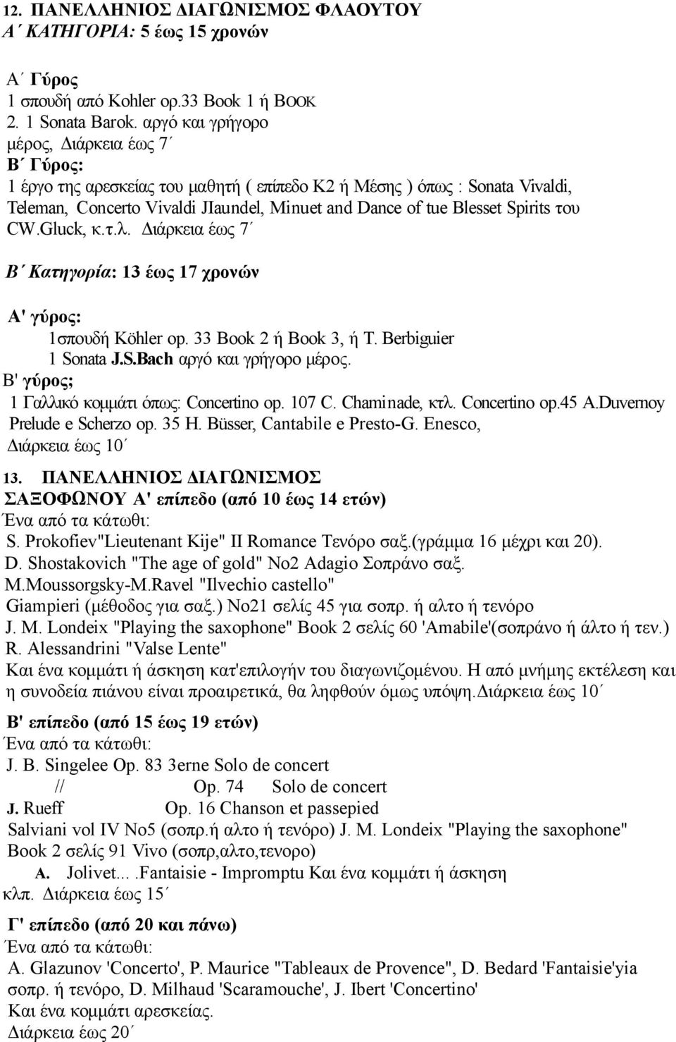 Spirits του CW.Gluck, κ.τ.λ. Διάρκεια έως 7 Β Κατηγορία: 13 έως 17 χρονών Α' γύρος: 1σπουδή Köhler op. 33 Book 2 ή Book 3, ή T. Berbiguier 1 Sonata J.S.Bach αργό και γρήγορο μέρος.
