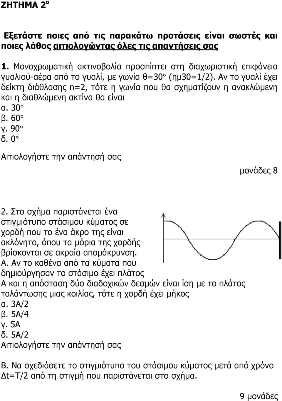 Στο σχήµα παριστάνεται ένα στιγµιότυπο στάσιµου κύµατος σε χορδή που το ένα άκρο της είναι ακλόνητο, όπου τα µόρια της χορδής βρίσκονται σε ακραία αποµάκρυνση. Α.