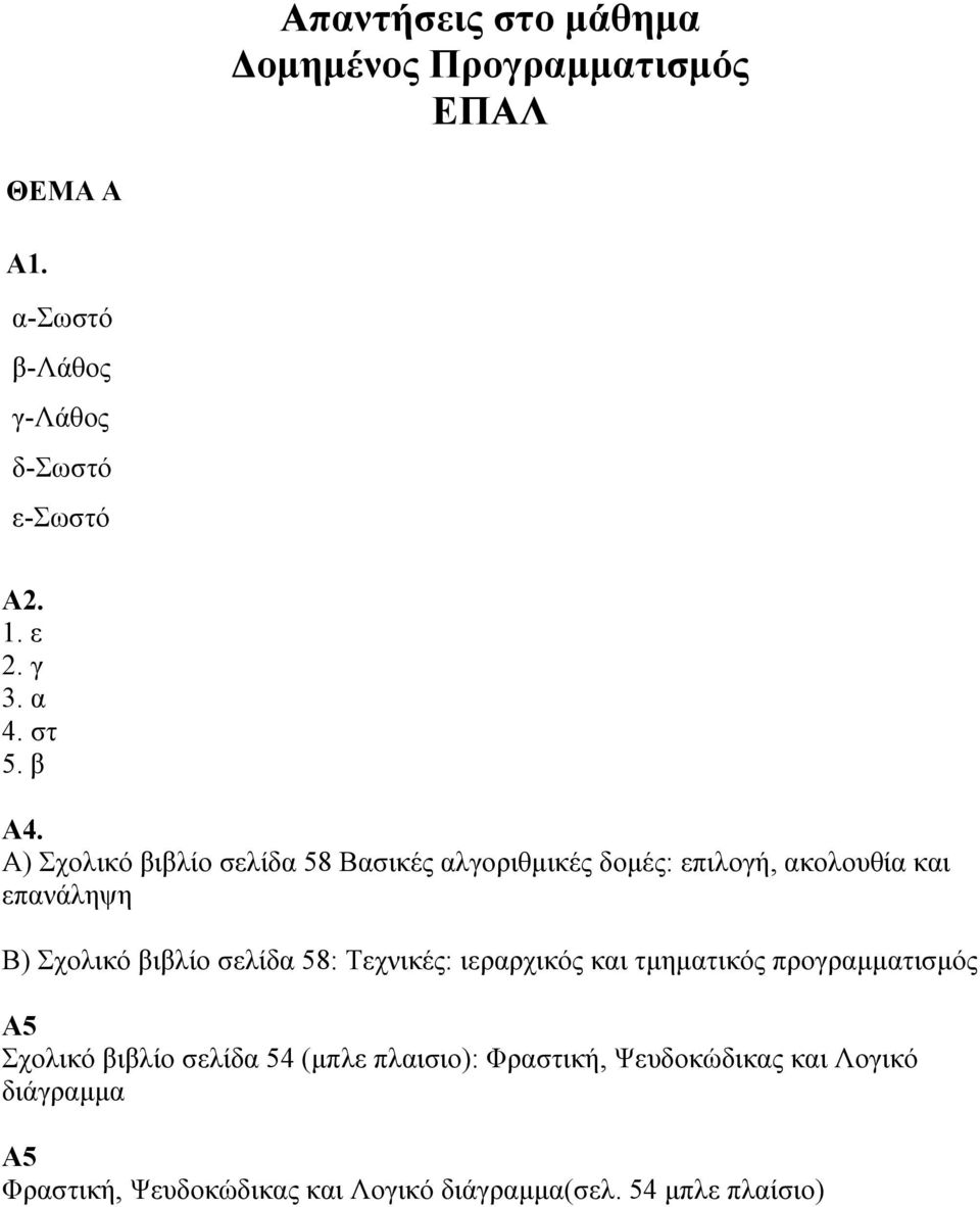 Α) Σχολικό βιβλίο σελίδα 58 Βασικές αλγοριθμικές δομές: επιλογή, ακολουθία και επανάληψη Β) Σχολικό βιβλίο σελίδα