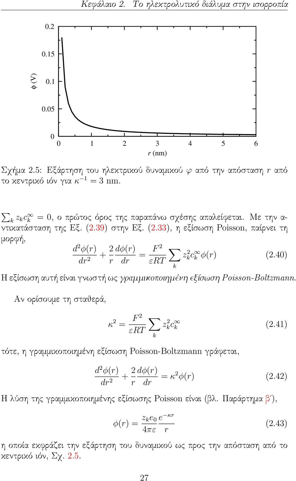 40) Η εξίσωση αυτή είναι γνωστή ως γραμμικοποιημένη εξίσωση Poisson-Boltzmann. Αν ορίσουμε τη σταθερά, κ 2 = F 2 εrt k zkc 2 k (2.