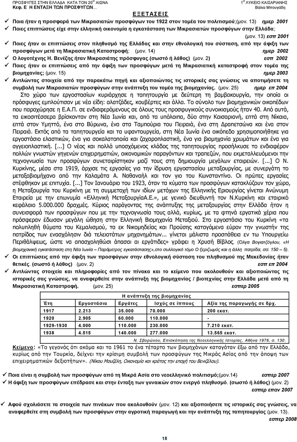 13) εσπ 2001 Ποιες ήταν οι επιπτώσεις στον πληθυσμό της Ελλάδας και στην εθνολογική του σύσταση, από την άφιξη των προσφύγων μετά τη Μικρασιατική Καταστροφή; (μον. 14) ημερ 2002 Ο λογοτέχνης Η.