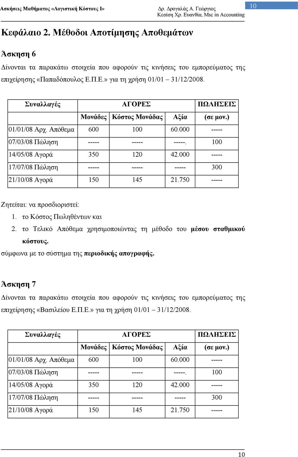 000 ----- 17/07/08 Πώληση ----- ----- ----- 300 21/10/08 Αγορά 150 145 21.750 ----- Ζητείται: να προσδιοριστεί: 1. το Κόστος Πωληθέντων και 2.