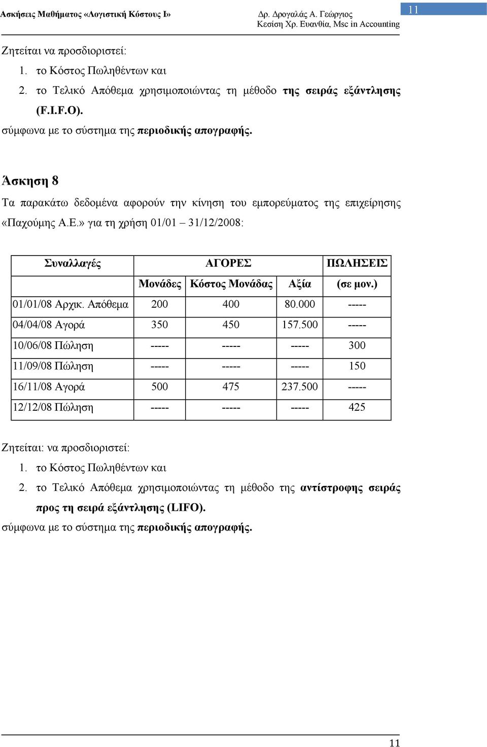 ) 01/01/08 Αρχικ. Απόθεμα 200 400 80.000 ----- 04/04/08 Αγορά 350 450 157.500 ----- 10/06/08 Πώληση ----- ----- ----- 300 11/09/08 Πώληση ----- ----- ----- 150 16/11/08 Αγορά 500 475 237.