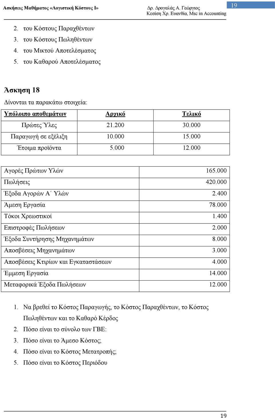 000 Αγορές Πρώτων Υλών 165.000 Πωλήσεις 420.000 Έξοδα Αγορών Α Υλών 2.400 Άμεση Εργασία 78.000 Τόκοι Χρεωστικοί 1.400 Επιστροφές Πωλήσεων 2.000 Έξοδα Συντήρησης Μηχανημάτων 8.