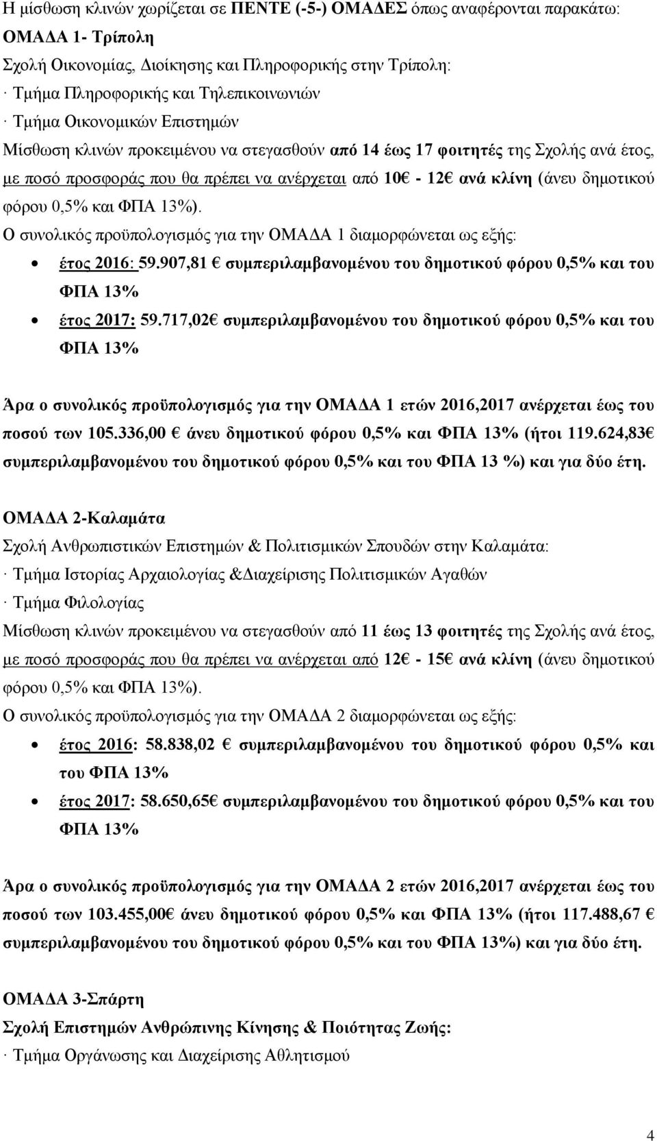 και ). Ο συνολικός προϋπολογισμός για την ΟΜΑΔΑ 1 διαμορφώνεται ως εξής: έτος 2016: 59.907,81 συμπεριλαμβανομένου του δημοτικού φόρου 0,5% και του έτος 2017: 59.
