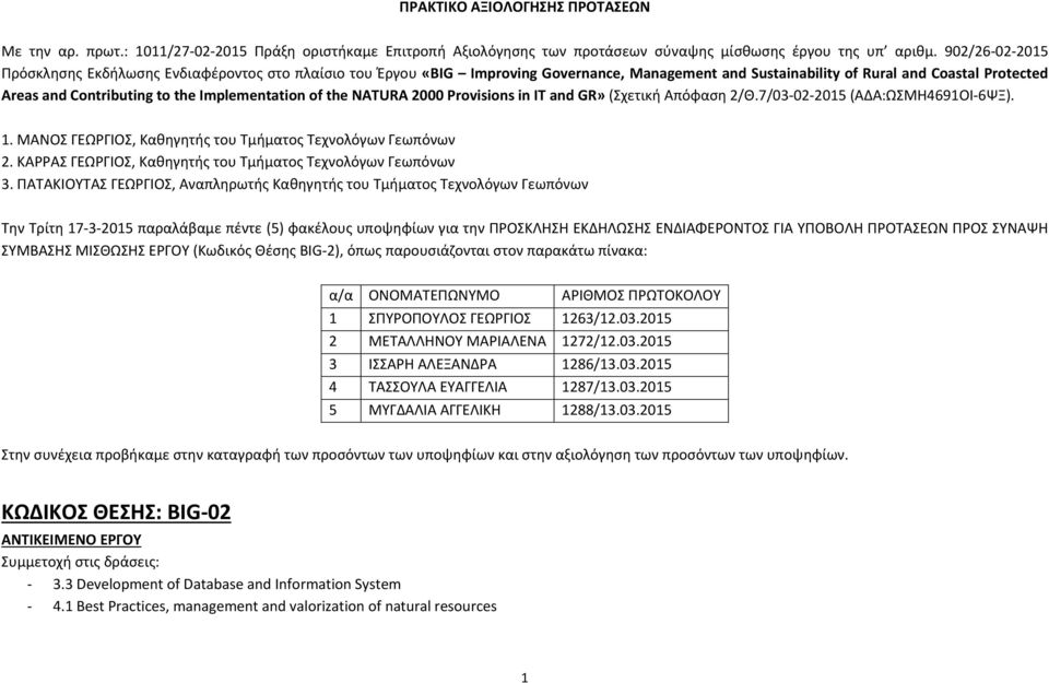 the NATURA 2000 Provisions in IT and GR» (Σχετική Απόφαση 2/Θ.7/03 02 2015 (ΑΔΑ:ΩΣΜΗ4691ΟΙ 6ΨΞ). 1. ΜΑΝΟΣ ΓΕΩΡΓΙΟΣ, Καθηγητής Τμήματος Τεχνολόγων Γεωπόνων 2.