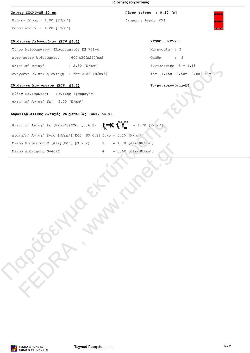 88 [N/mm²] Ιδιότητες Κονιάματος (EC6, 3.2) Είδος Κονιάματος: Γενικής εφαρμογής Θλιπτική Αντοχή fκ: 5.00 [N/mm²] Χαρακτηριστικές Αντοχές Τοιχοποιίας (EC6, 3.6) Θλιπτική Αντοχή fκ [N/mm²](EC6, 3.6.1) = 1.