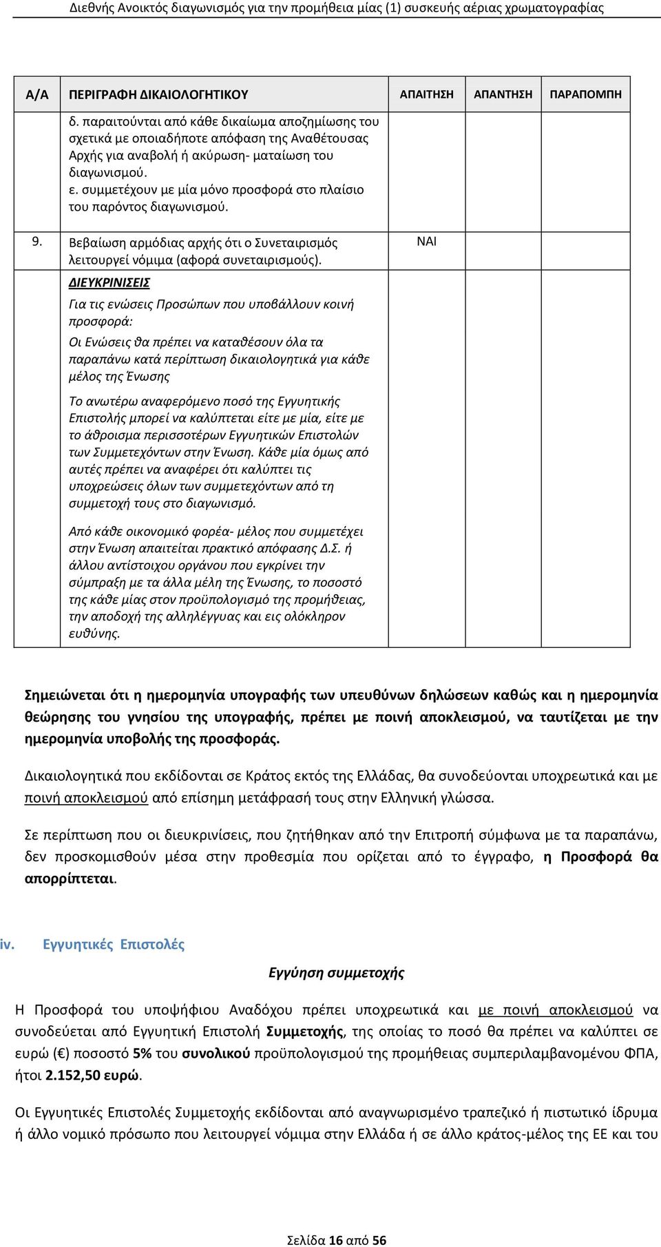 συμμετέχουν με μία μόνο προσφορά στο πλαίσιο του παρόντος διαγωνισμού. 9. Βεβαίωση αρμόδιας αρχής ότι ο Συνεταιρισμός λειτουργεί νόμιμα (αφορά συνεταιρισμούς).