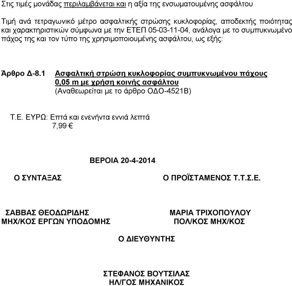 1 Ασφαλτική στρώση κυκλοφορίας συμπυκνωμένου πάχους 0,05 m με χρήση κοινής ασφάλτου (Αναθεωρείται με το άρθρο ΟΔΟ-4521Β) Τ.Ε.