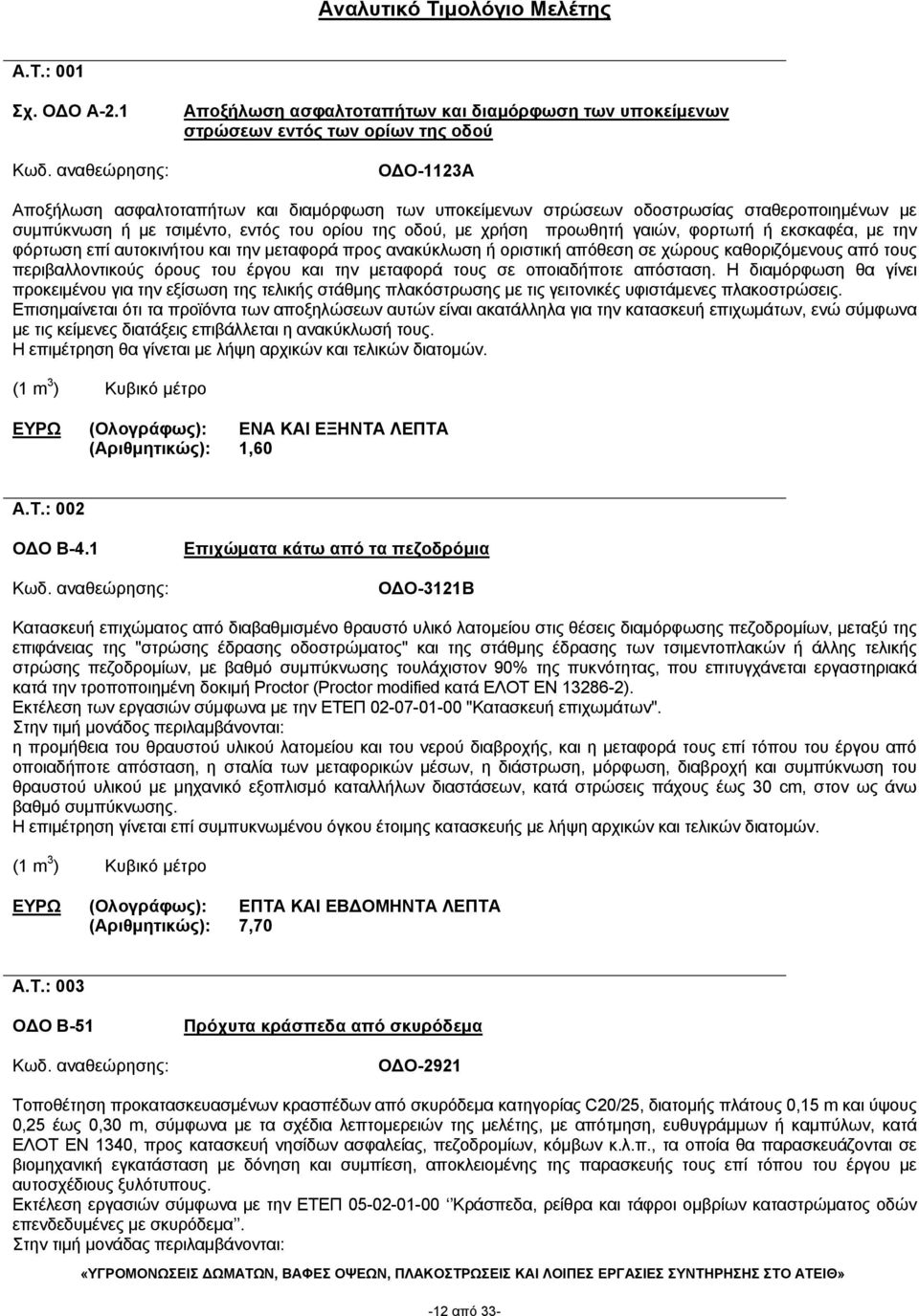 συμπύκνωση ή με τσιμέντο, εντός του ορίου της οδού, με χρήση προωθητή γαιών, φορτωτή ή εκσκαφέα, με την φόρτωση επί αυτοκινήτου και την μεταφορά προς ανακύκλωση ή οριστική απόθεση σε χώρους