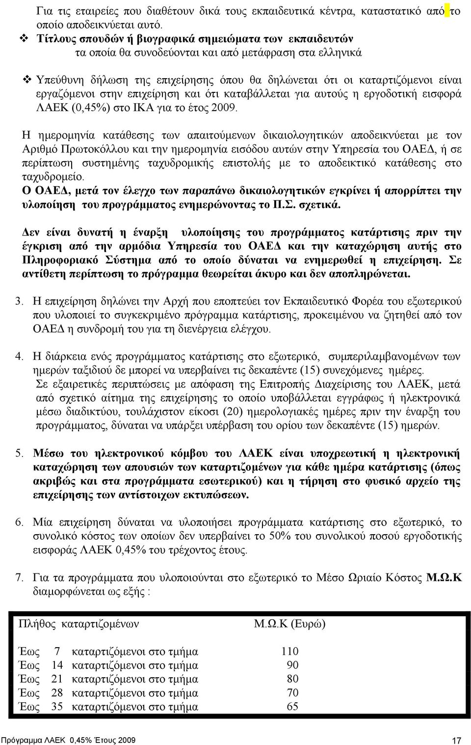 εργαζόµενοι στην επιχείρηση και ότι καταβάλλεται για αυτούς η εργοδοτική εισφορά ΛΑΕΚ (0,45%) στο ΙΚΑ για το έτος 2009.