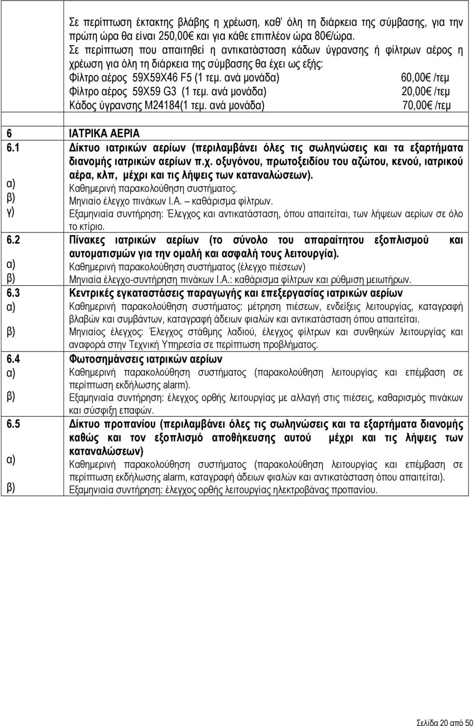 ανά μονάδ 60,00 /τεμ Φίλτρο αέρος 59Χ59 G3 (1 τεμ. ανά μονάδ 20,00 /τεμ Κάδος ύγρανσης Μ24184(1 τεμ. ανά μονάδ 70,00 /τεμ 6 ΙΑΤΡΙΚΑ ΑΕΡΙΑ 6.1 γ) 6.2 6.3 6.4 6.