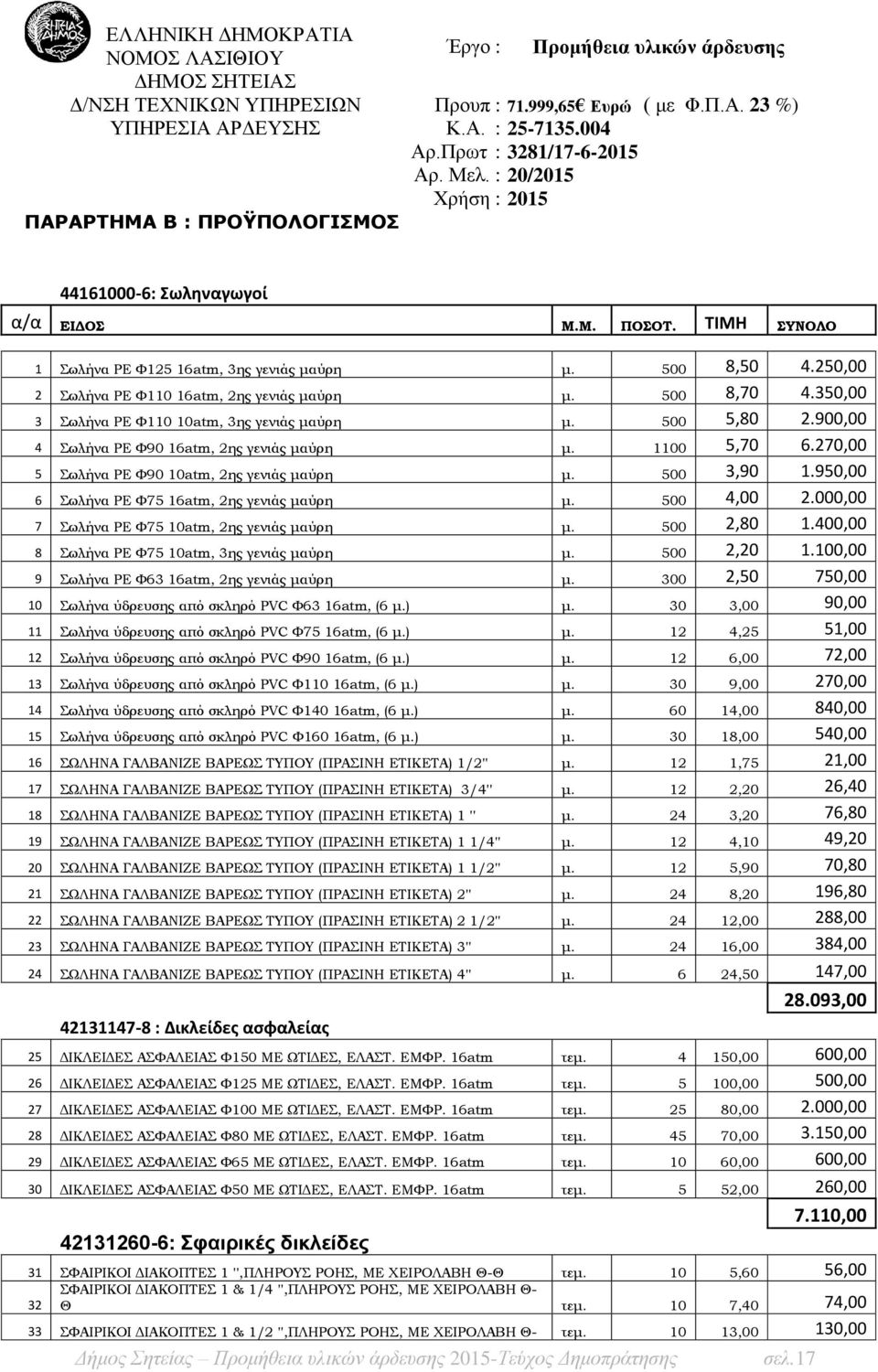 250,00 2 Σωλήνα ΡΕ Φ110 16atm, 2ης γενιάς μαύρη μ. 500 8,70 4.350,00 3 Σωλήνα ΡΕ Φ110 10atm, 3ης γενιάς μαύρη μ. 500 5,80 2.900,00 4 Σωλήνα ΡΕ Φ90 16atm, 2ης γενιάς μαύρη μ. 1100 5,70 6.