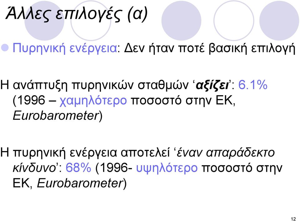 1% (1996 χαμηλότερο ποσοστό στην ΕΚ, Eurobarometer) Η πυρηνική