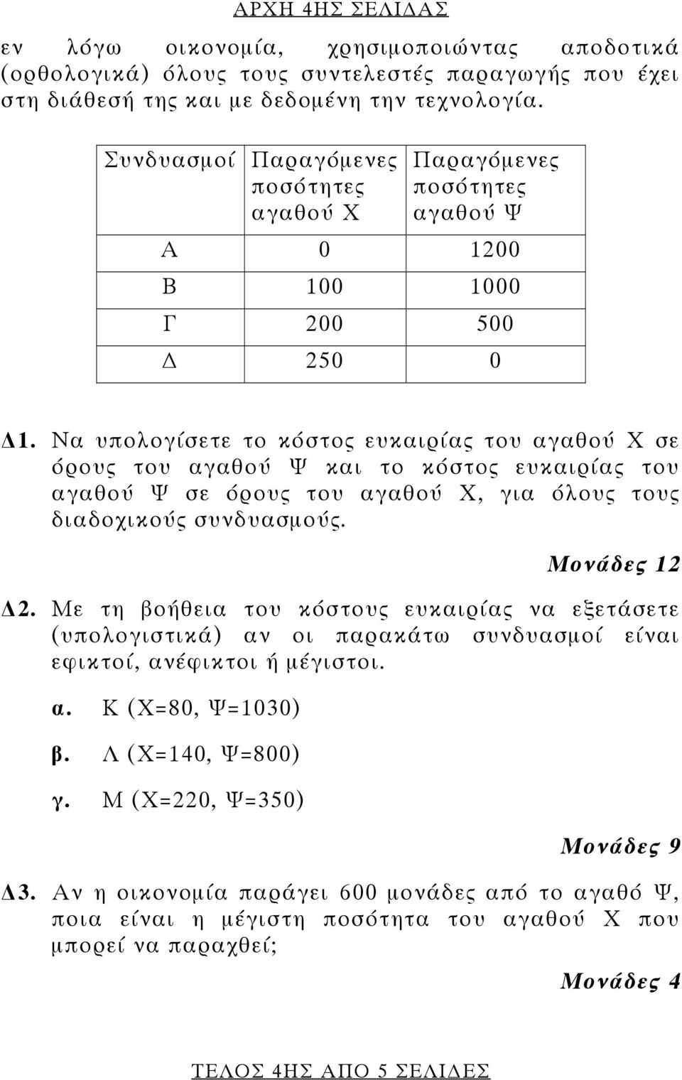 Να υπολογίσετε το κόστος ευκαιρίας του αγαθού Χ σε όρους του αγαθού Ψ και το κόστος ευκαιρίας του αγαθού Ψ σε όρους του αγαθού Χ, για όλους τους διαδοχικούς συνδυασμούς. Μονάδες 12 2.