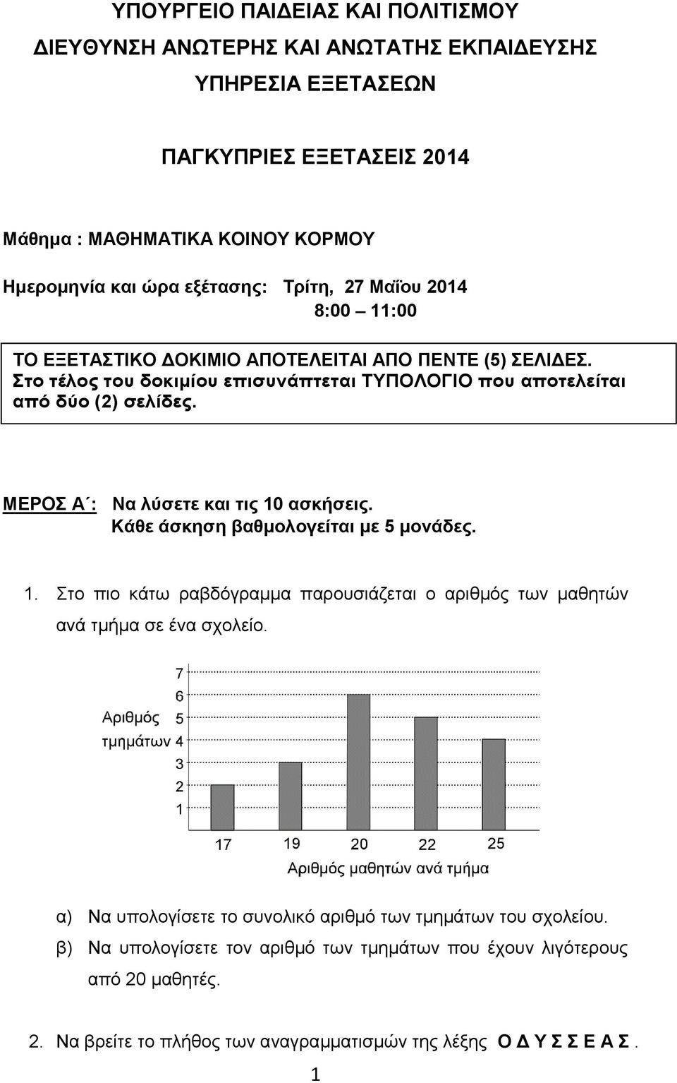 ΜΕΡΟΣ Α : Να λύσετε και τις 10 ασκήσεις. Κάθε άσκηση βαθμολογείται με 5 μονάδες. 1. Στο πιο κάτω ραβδόγραμμα παρουσιάζεται ο αριθμός των μαθητών ανά τμήμα σε ένα σχολείο.