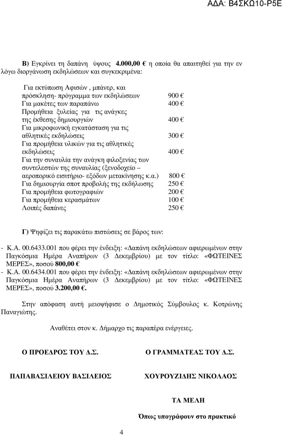 ξυλείας για τις ανάγκες της έκθεσης δηµιουργιών 400 Για µικροφωνική εγκατάσταση για τις αθλητικές εκδηλώσεις 300 Για προµήθεια υλικών για τις αθλητικές εκδηλώσεις 400 Για την συναυλία την ανάγκη
