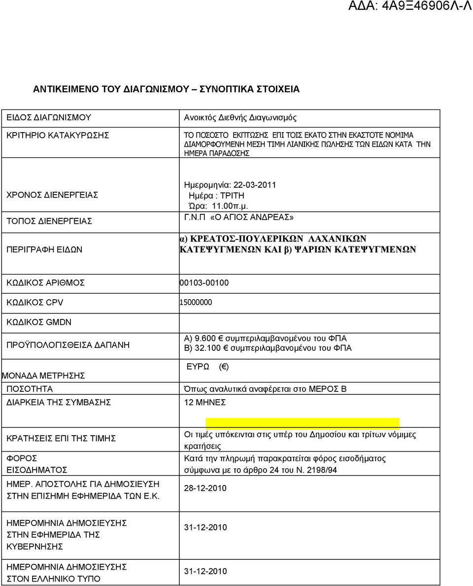 ΚΡΕΑΤΟΣ-ΠΟΥΛΕΡΙΚΩΝ ΛΑΧΑΝΙΚΩΝ ΚΑΤΕΨΥΓΜΕΝΩΝ ΚΑΙ β) ΨΑΡΙΩΝ ΚΑΤΕΨΥΓΜΕΝΩΝ ΚΩΔΙΚΟΣ ΑΡΙΘΜΟΣ 00103-00100 ΚΩΔΙΚΟΣ CPV 15000000 ΚΩΔΙΚΟΣ GMDN ΠΡΟΫΠΟΛΟΓΙΣΘΕΙΣΑ ΔΑΠΑΝΗ ΜΟΝΑΔΑ ΜΕΤΡΗΣΗΣ ΠΟΣΟΤΗΤΑ ΔΙΑΡΚΕΙΑ ΤΗΣ