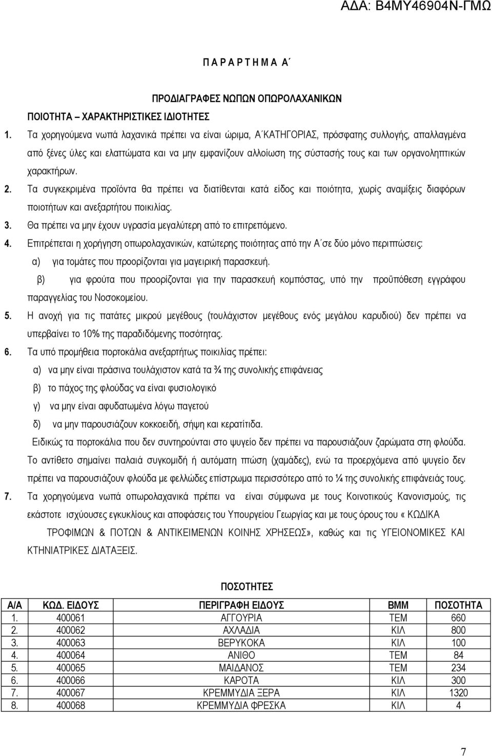 χαρακτήρων. 2. Τα συγκεκριμένα προϊόντα θα πρέπει να διατίθενται κατά είδος και ποιότητα, χωρίς αναμίξεις διαφόρων ποιοτήτων και ανεξαρτήτου ποικιλίας. 3.