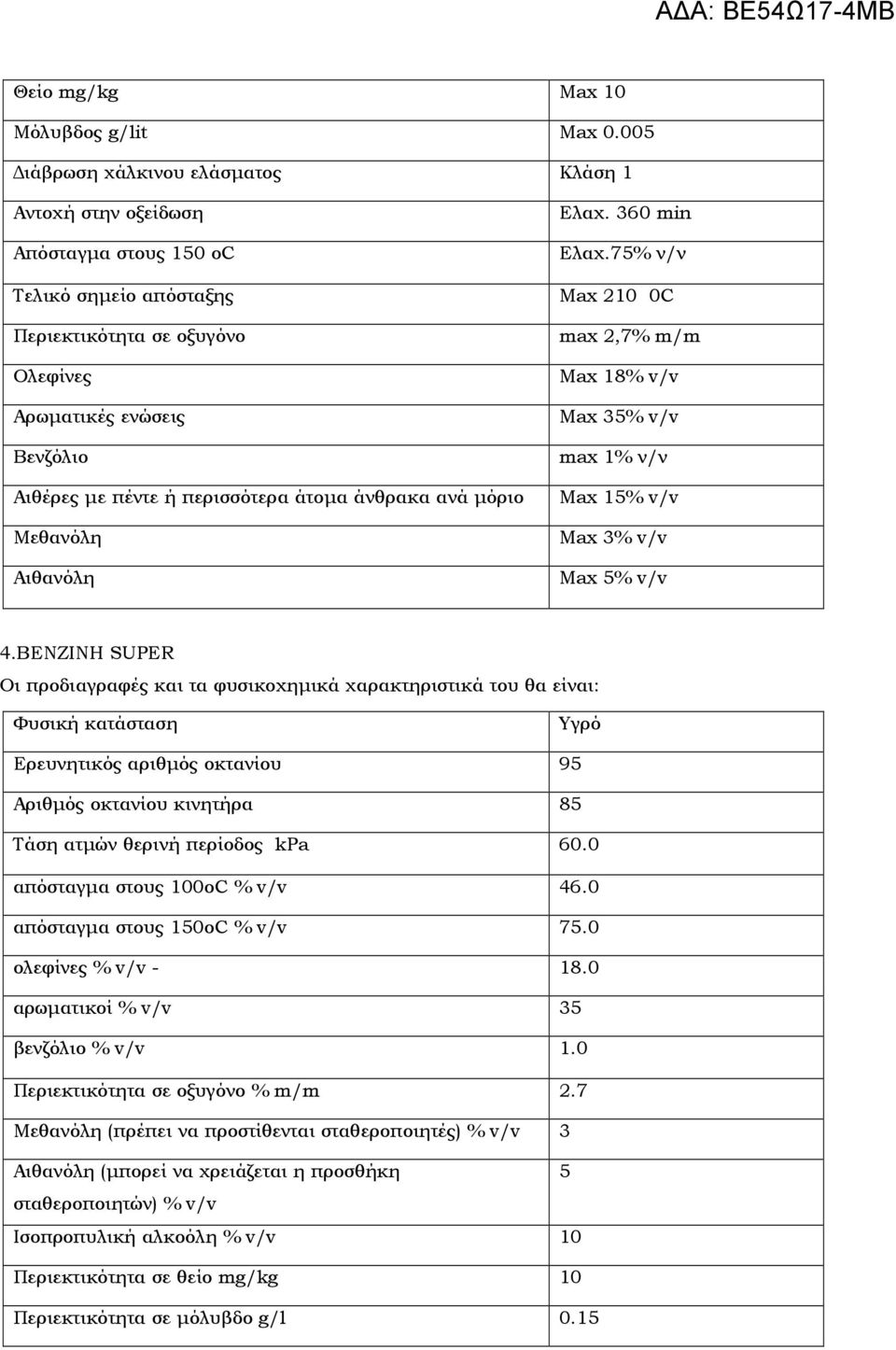 75% ν/ν Max 210 0C max 2,7% m/m Max 18% v/v Max 35% v/v max 1% ν/ν Αιθέρες µε πέντε ή περισσότερα άτοµα άνθρακα ανά µόριο Max 15% v/v Μεθανόλη Αιθανόλη Max 3% v/v Max 5% v/v 4.