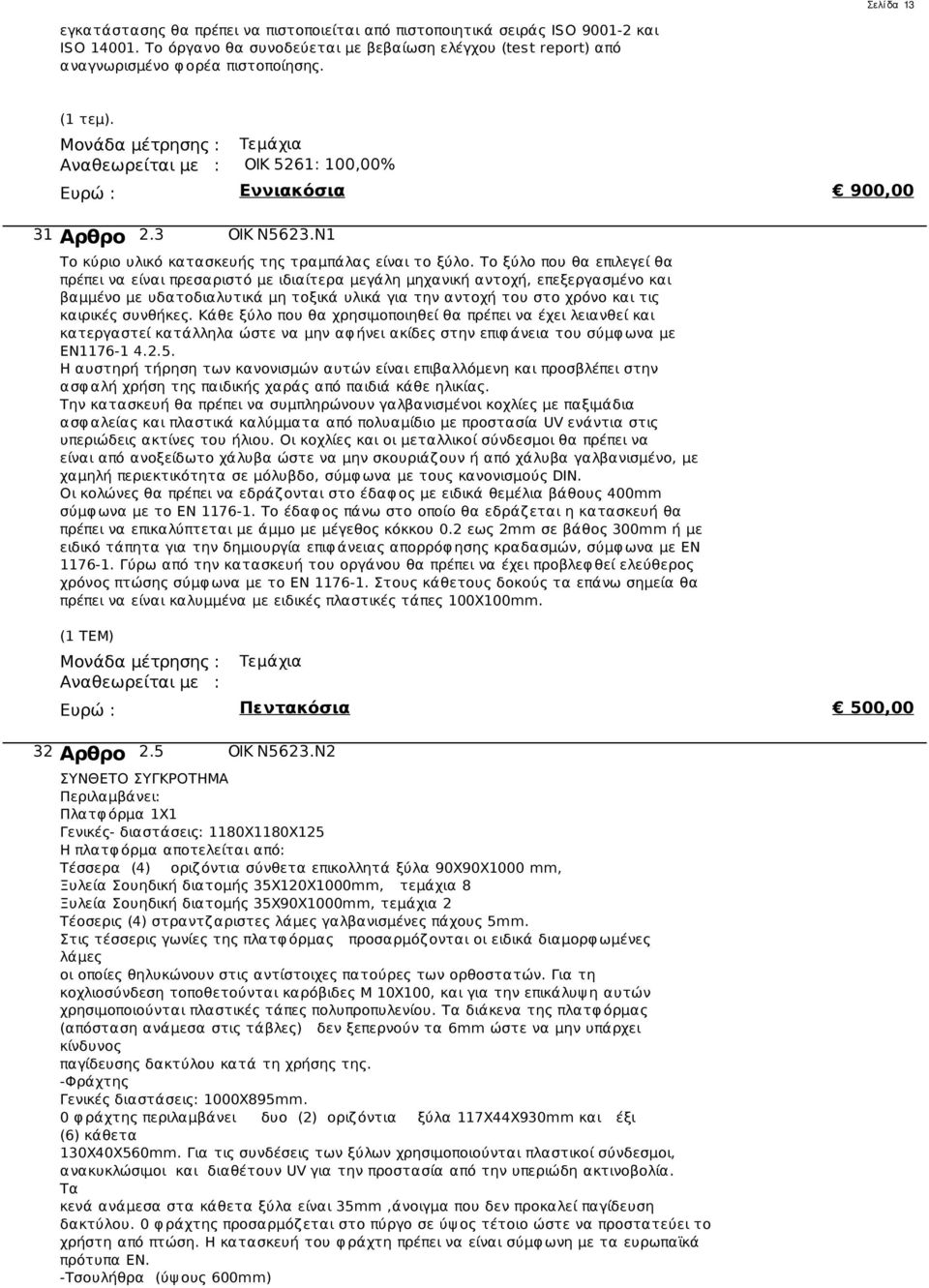Το ξύλο που θα επιλεγεί θα πρέπει να είναι πρεσαριστό με ιδιαίτερα μεγάλη μηχανική αντοχή, επεξεργασμένο και βαμμένο με υδατοδιαλυτικά μη τοξικά υλικά για την αντοχή του στο χρόνο και τις καιρικές