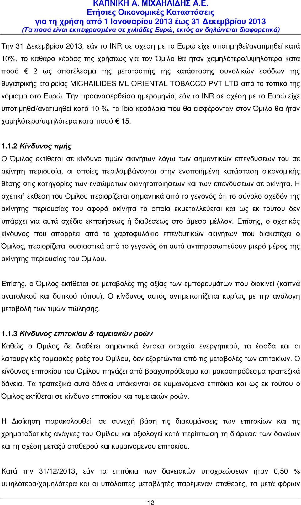 Την προαναφερθείσα ηµεροµηνία, εάν το INR σε σχέση µε το Ευρώ είχε υποτιµηθεί/ανατιµηθεί κατά 10