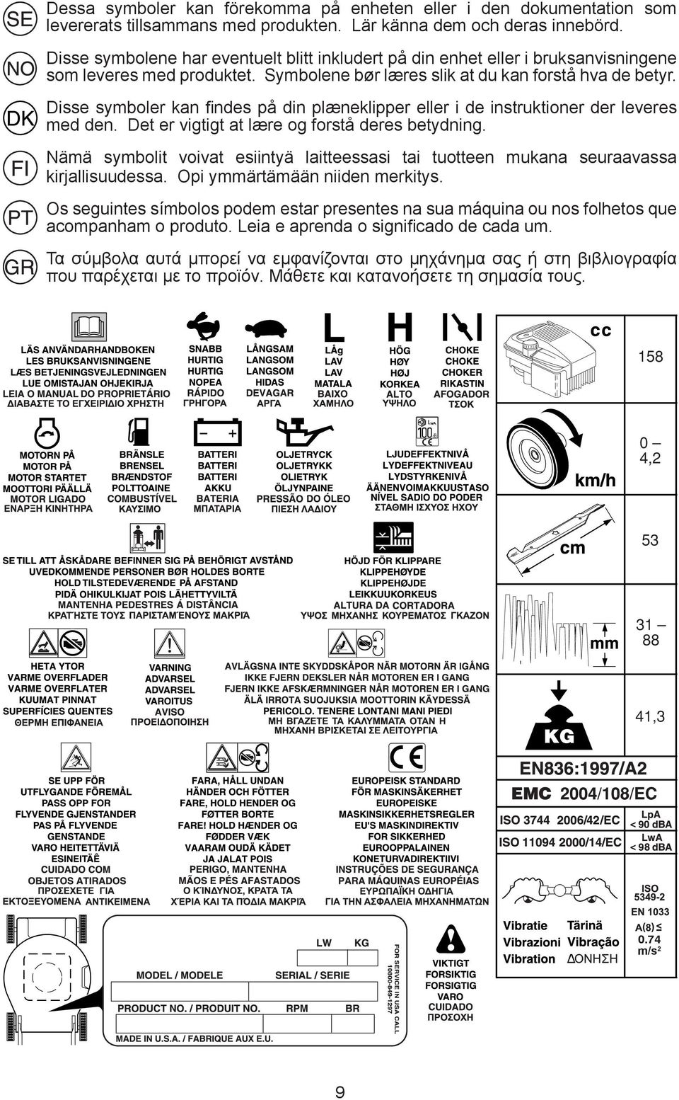 Disse symboler kan findes på din plæneklipper eller i de instruktioner der leveres med den. Det er vigtigt at lære og forstå deres betydning.