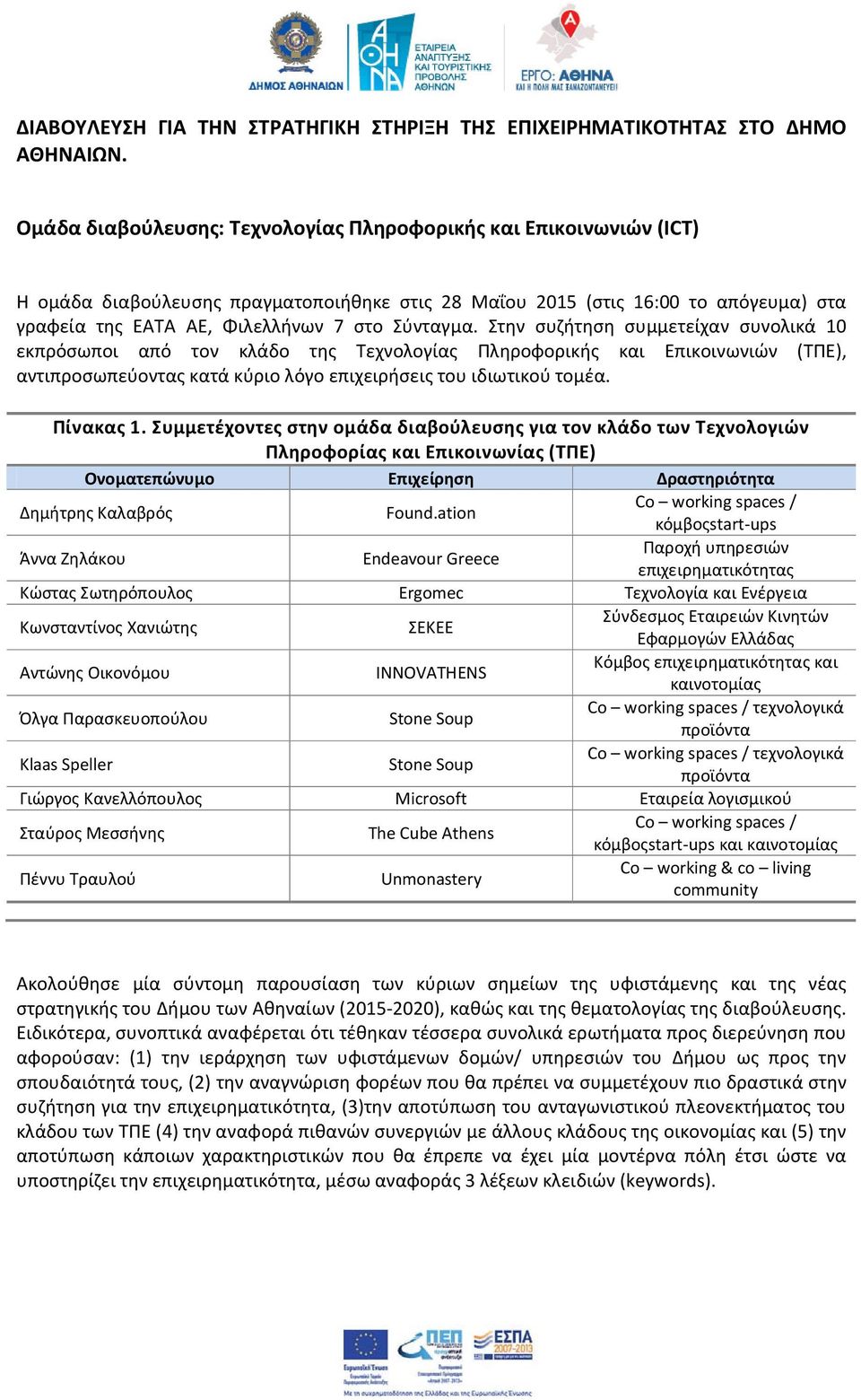 Σύνταγμα. Στην συζήτηση συμμετείχαν συνολικά 10 εκπρόσωποι από τον κλάδο της Τεχνολογίας Πληροφορικής και Επικοινωνιών (ΤΠΕ), αντιπροσωπεύοντας κατά κύριο λόγο επιχειρήσεις του ιδιωτικού τομέα.