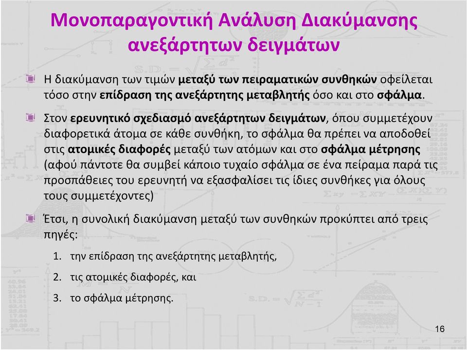 Στον ερευνητικό σχεδιασμό ανεξάρτητων δειγμάτων, όπου συμμετέχουν διαφορετικά άτομα σε κάθε συνθήκη, το σφάλμα θα πρέπει να αποδοθεί στις ατομικές διαφορές μεταξύ των ατόμων και