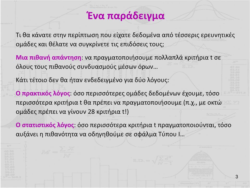 Ο πρακτικός λόγος: όσο περισσότερες ομάδες δεδομένων έχουμε, τόσο περισσότερα κριτήρια t θα πρέπει να πραγματοποιήσουμε (π.χ., με οκτώ ομάδες πρέπει να γίνουν 28 κριτήρια t!