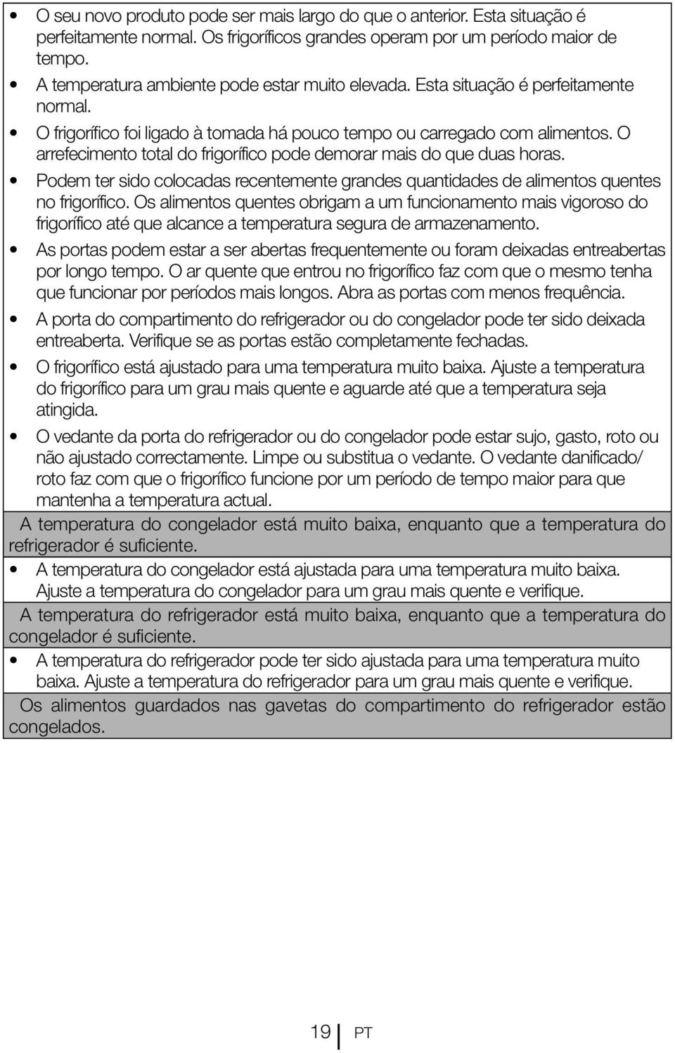 O arrefecimento total do frigorífico pode demorar mais do que duas horas. Podem ter sido colocadas recentemente grandes quantidades de alimentos quentes no frigorífico.