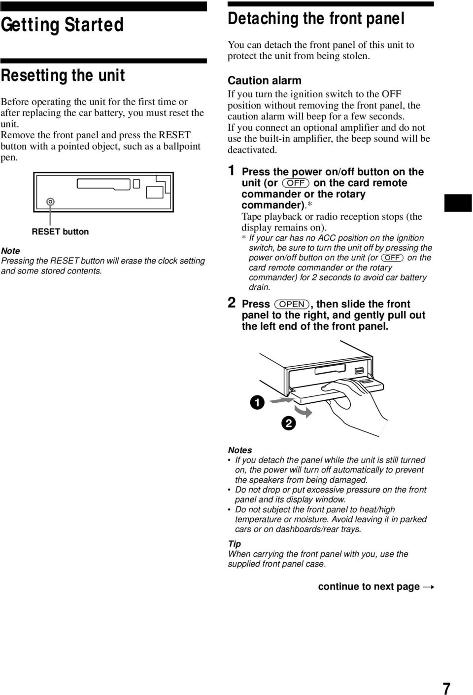 Detaching the front panel You can detach the front panel of this unit to protect the unit from being stolen.