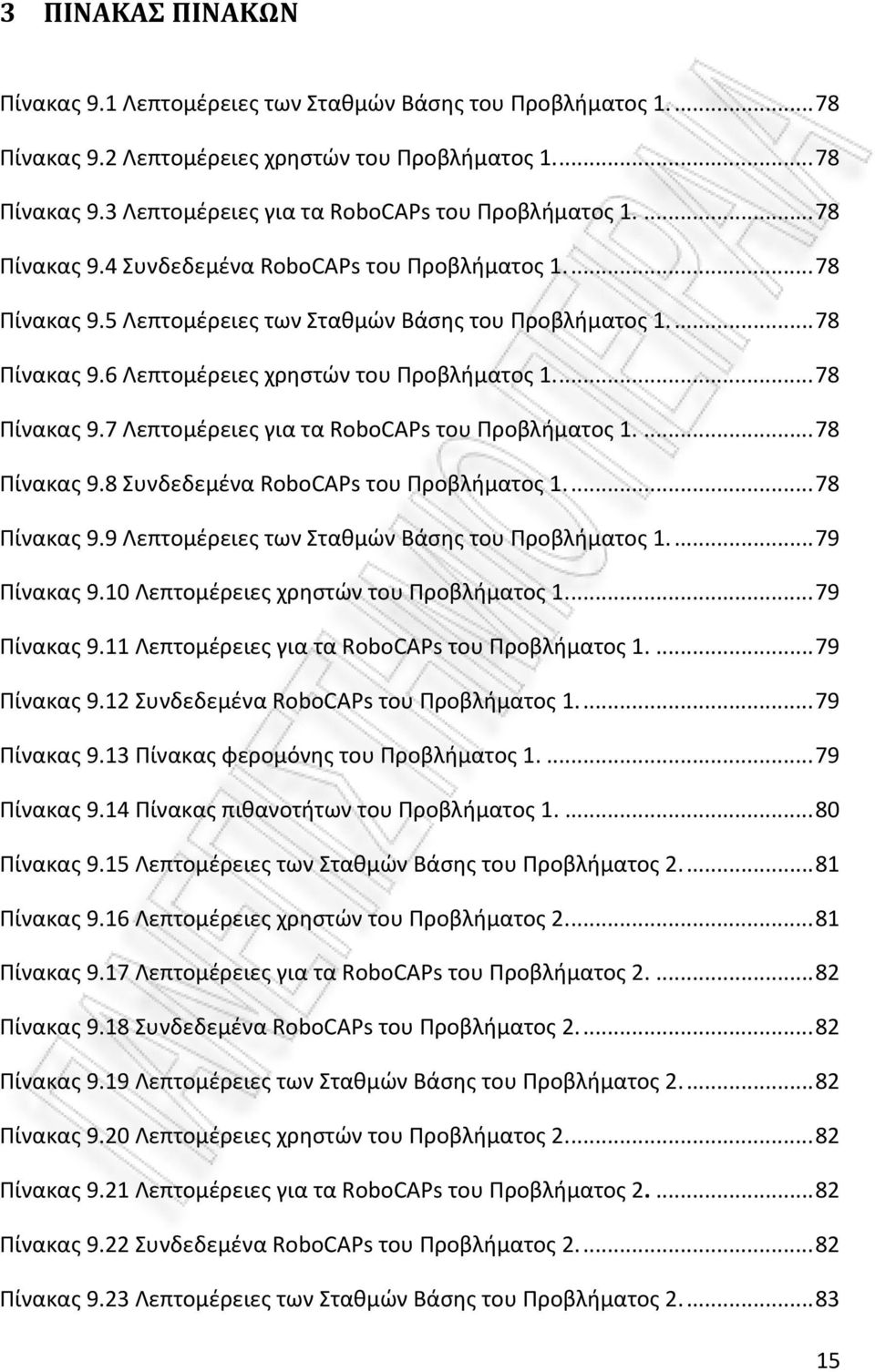... 78 Πίνακας 9.8 Συνδεδεμένα RoboCAPs του Προβλήματος 1.... 78 Πίνακας 9.9 Λεπτομέρειες των Σταθμών Βάσης του Προβλήματος 1.... 79 Πίνακας 9.10 Λεπτομέρειες χρηστών του Προβλήματος 1.... 79 Πίνακας 9.11 Λεπτομέρειες για τα RoboCAPs του Προβλήματος 1.