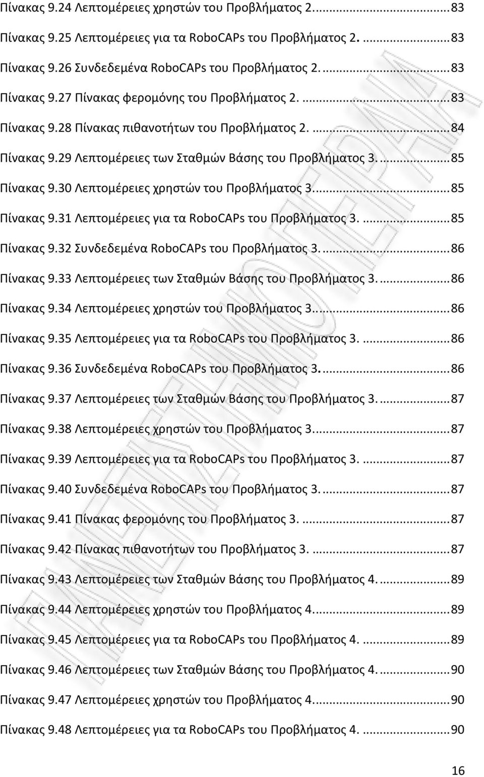 ... 85 Πίνακας 9.32 Συνδεδεμένα RoboCAPs του Προβλήματος 3.... 86 Πίνακας 9.33 Λεπτομέρειες των Σταθμών Βάσης του Προβλήματος 3.... 86 Πίνακας 9.34 Λεπτομέρειες χρηστών του Προβλήματος 3.