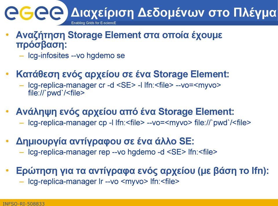 Storage Element: lcg-replica-manager cp -l lfn:<file> --vo=<myvo> file://`pwd`/<file> Δημιουργία αντίγραφου σε ένα άλλο SE: