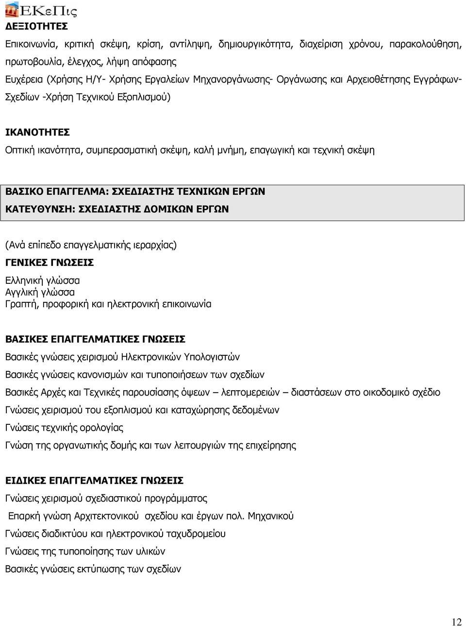 ΓΕΝΙΚΕΣ ΓΝΩΣΕΙΣ Γραπτή, προφορική και ηλεκτρονική επικοινωνία ΒΑΣΙΚΕΣ ΕΠΑΓΓΕΛΜΑΤΙΚΕΣ ΓΝΩΣΕΙΣ Βασικές γνώσεις χειρισμού Ηλεκτρονικών Υπολογιστών Βασικές γνώσεις κανονισμών και τυποποιήσεων των σχεδίων