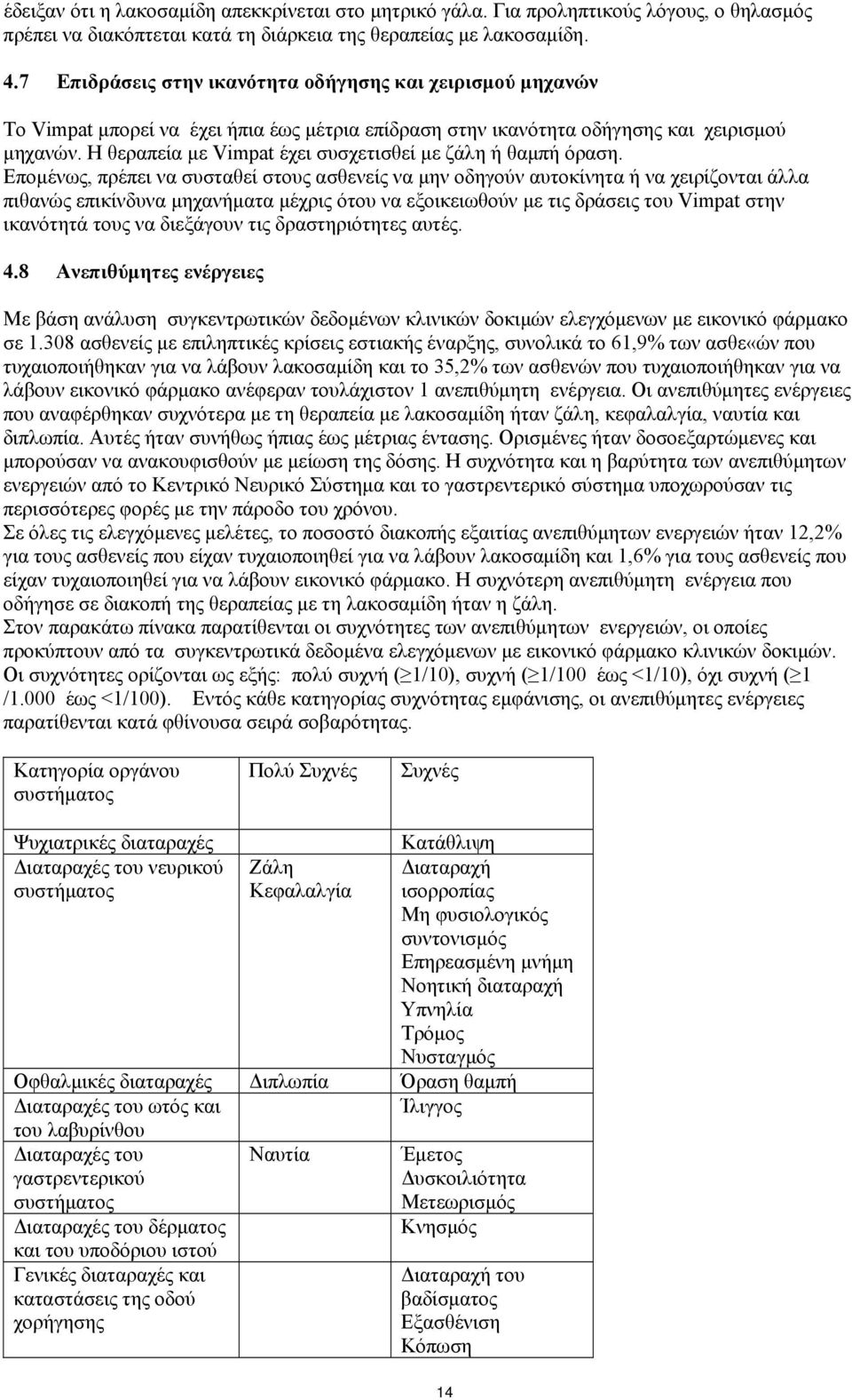 Η θεραπεία με Vimpat έχει συσχετισθεί με ζάλη ή θαμπή όραση.