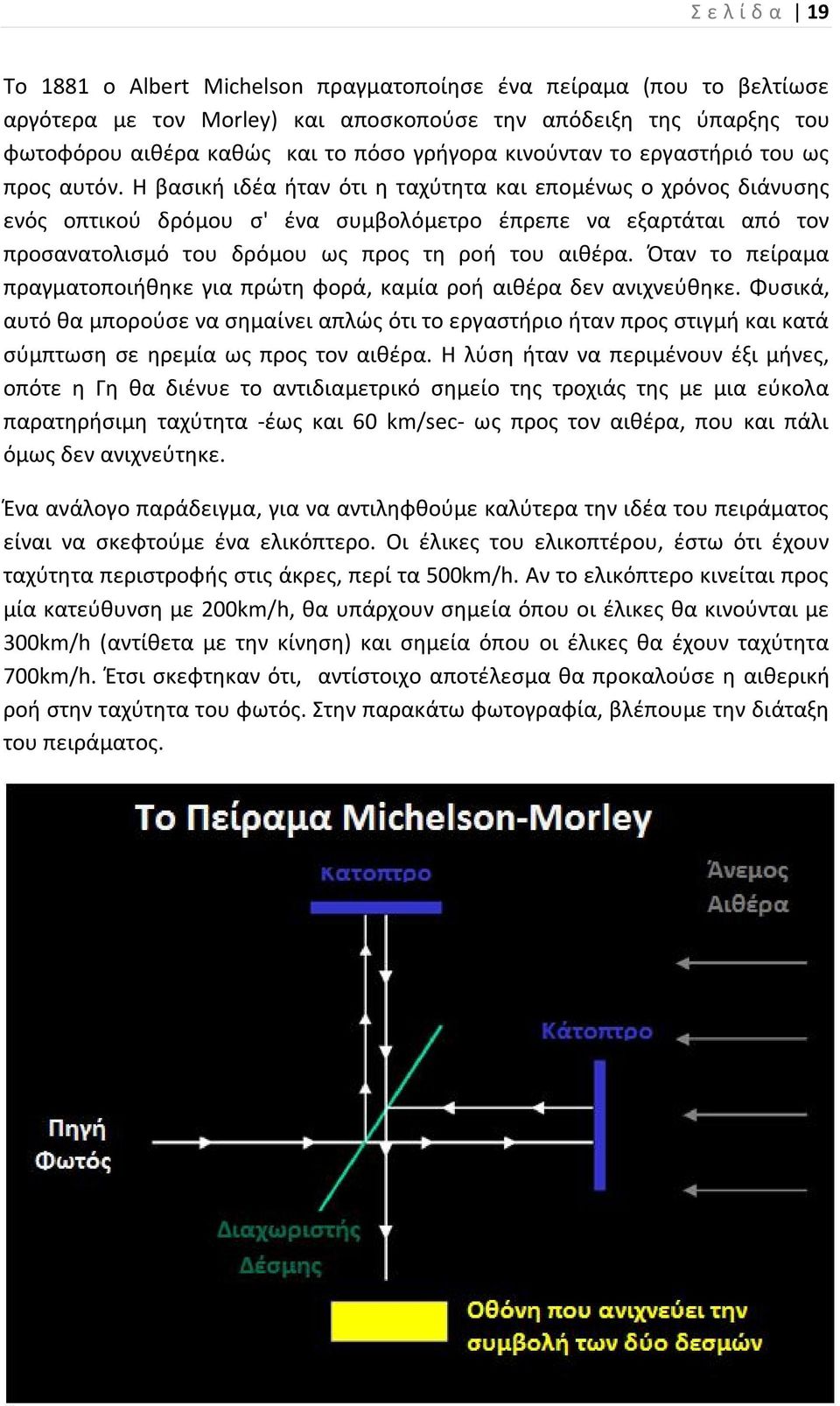 Η βασική ιδέα ήταν ότι η ταχύτητα και εποµένως ο χρόνος διάνυσης ενός οπτικού δρόµου σ' ένα συµβολόµετρο έπρεπε να εξαρτάται από τον προσανατολισµό του δρόµου ως προς τη ροή του αιθέρα.