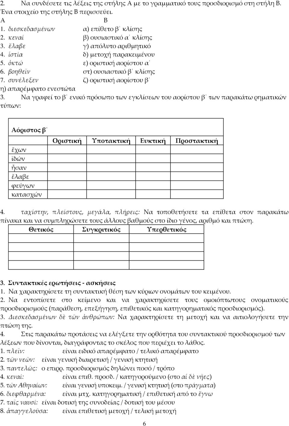 συνέλεξεν ζ) οριστική αορίστου β η) απαρέμφατο ενεστώτα 3.