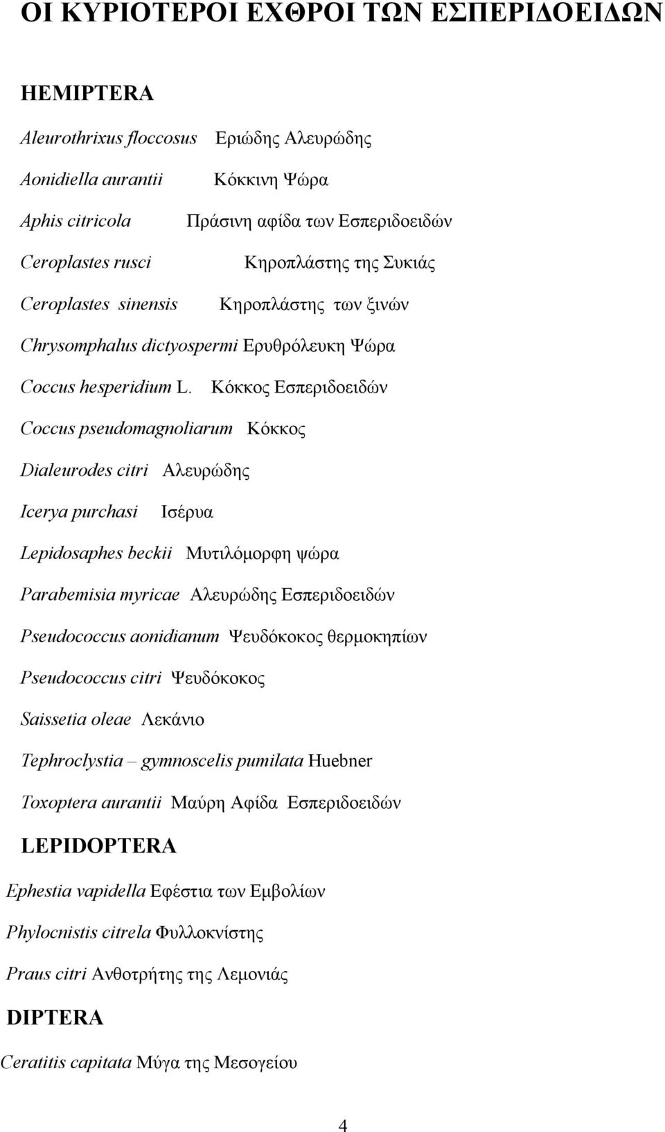 Κόκκος Εσπεριδοειδών Coccus pseudomagnoliarum Κόκκος Dialeurodes citri Αλευρώδης Icerya purchasi Ισέρυα Lepidosaphes beckii Μυτιλόμορφη ψώρα Parabemisia myricae Αλευρώδης Εσπεριδοειδών Pseudococcus
