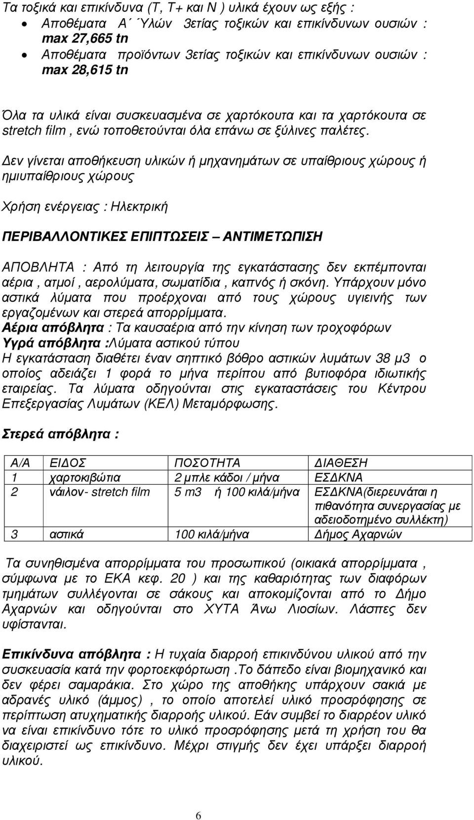 εν γίνεται αποθήκευση υλικών ή µηχανηµάτων σε υπαίθριους χώρους ή ηµιυπαίθριους χώρους Χρήση ενέργειας : Ηλεκτρική ΠΕΡΙΒΑΛΛΟΝΤΙΚΕΣ ΕΠΙΠΤΩΣΕΙΣ ΑΝΤΙΜΕΤΩΠΙΣΗ ΑΠΟΒΛΗΤΑ : Από τη λειτουργία της