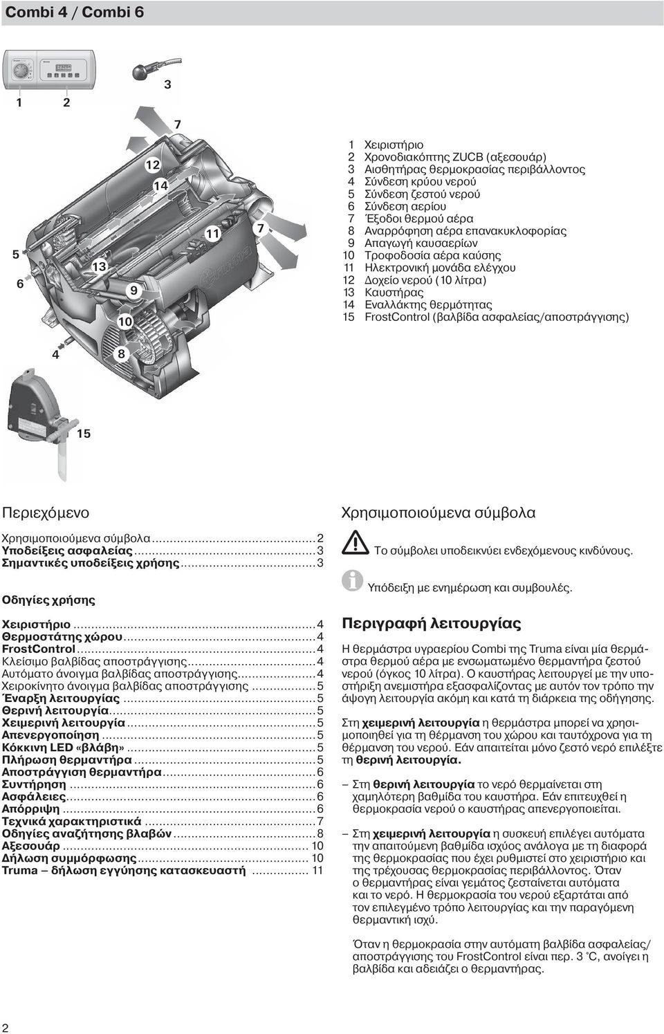 FrostControl (βαλβίδα ασφαλείας/αποστράγγισης) 4 8 15 Περιεχόμενο Χρησιμοποιούμενα σύμβολα...2 Υποδείξεις ασφαλείας...3 Σημαντικές υποδείξεις χρήσης...3 Οδηγίες χρήσης Χειριστήριο...4 Θερμοστάτης χώρου.