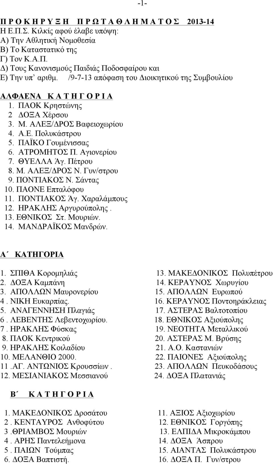 Αγιονερίου 7. ΘΥΕΛΛΑ Άγ. Πέτρου 8. Μ. ΑΛΕΞ/ΔΡΟΣ Ν. Γυν/στρου 9. ΠΟΝΤΙΑΚΟΣ Ν. Σάντας 10. ΠΑΟΝΕ Επταλόφου 11. ΠΟΝΤΙΑΚΟΣ Άγ. Χαραλάµπους 12. ΗΡΑΚΛΗΣ Αργυρούπολης. 13. ΕΘΝΙΚΟΣ Στ. Μουριών. 14.